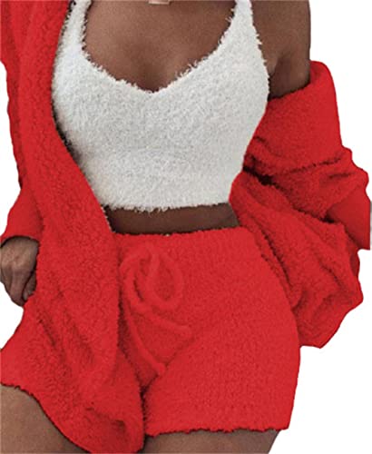 Femme 3-pièces Pyjamas Set Filles Ensembles de Pyjama Chaud Peluche Velours Vêtements de nuit avec encolure en U Capuche Cardigan Crop Tank Top et Short/Pantalon Taille Haute Tenues Loungewear Cover