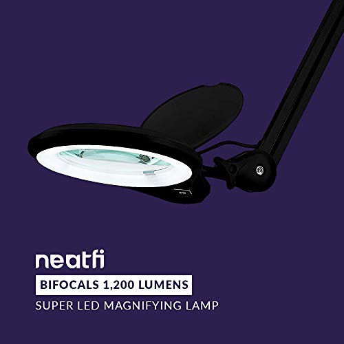 (New Model) Neatfi Bifocals 1,200 Lumens Super LED Magnifying Lamp with Clamp, 5 Diopter with 20 Diopter, Dimmable, 60 Pcs SMD LED, 5 Inches Diameter Lens, Adjustable Arm Utility Clamp (Black) - Thumbnail 6