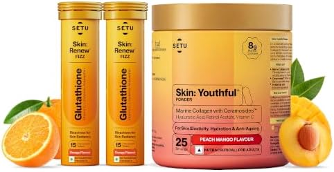 Setu Skin Renew Glutathione Fizz 30 Tablets for Skin Glow & Brightness with Skin Youthful Marine Collagen Powder (Peach Mango,250 g) | Fight Fine Lines & Wrinkles | Powered by Master Antioxidant Glutathione | Promotes Radiant Skin | Skin Supplements for Women & Men (Combo Pack)