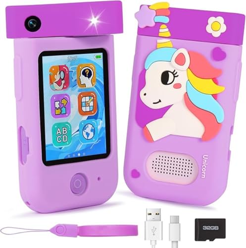 ARNSSIEN Kinderkamera Spielzeug mit 180°Drehobjektiv&32GB Karte,Kinder Kamera mit Touchscreen&Silikonhülle,Weihnachts und Geburtstagsgeschenk für Mädchen und Jungen 3 4 5 6 7 8 Jahre-Lila Einhorn,A200