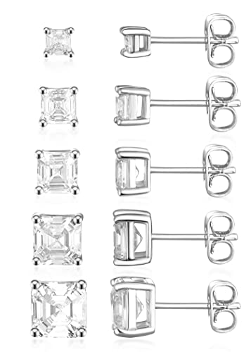 Mdfun 5 Pairs Asscher Cut Stud Earrings Set White Gold Hypoallergenic Cubic Zirconia 4 Prong Cz Stud Earring For Women And Men Pack Of 5 Pairs 3-7Mm (Asscher-White Gold-5 Pair) #TOP15