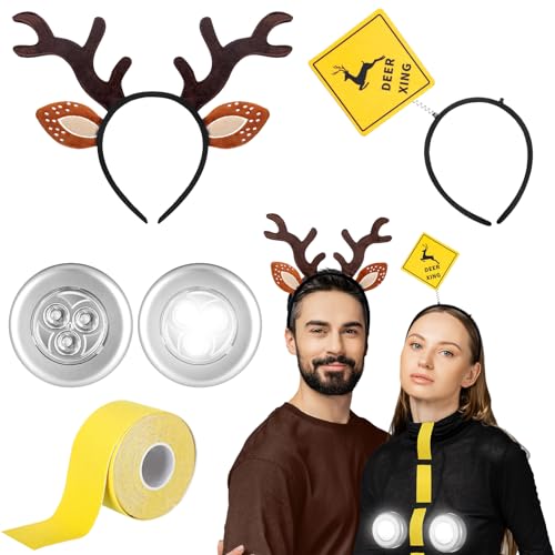 CraftyDream 5 Pcs Deer and Headlights Couples Halloween Costume Pun Play on Words Adult Funny Couples Halloween Costumes Antler and Deer Xing Headband Yellow Tape Stick on Push Lights