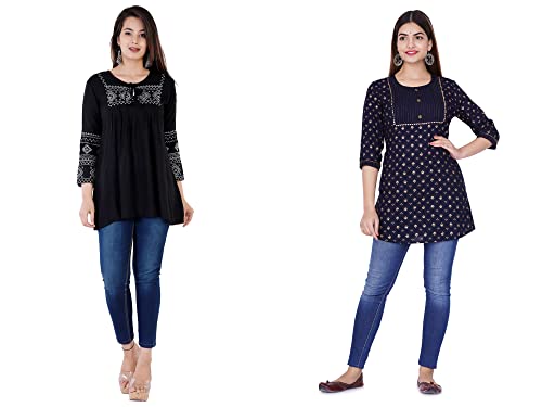 Image of Shiva Fab Short Kurti for Women | Embroidered Straight Rayon Kurta | Round Neck Full Sleeves Short Kurti for Women's Combo Pack of 2