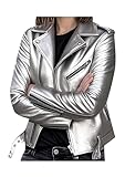 YMING Womens Faux Leather Zip Up Jackets Long Sleeve Open Front Short Jacket Moto Biker Cropped Coat Silver 2XL