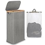 iEGrow Slim Laundry Basket with Lid 60L, Washing Basket with Bamboo Handle and Lid, Foldable Laundry Baskets for Drity Cloth Toys Towels Storage with Removable and Washable Inner Bag (Grey)