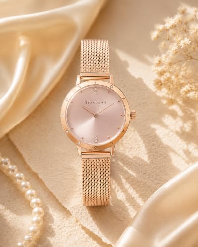 Image of Giordano Analog Quartz Watch for Women with Round Dial, Two-Hand Display, Crystal-Studded Hour Markers and Bezel and Stainless Steel Mesh Strap - A2085