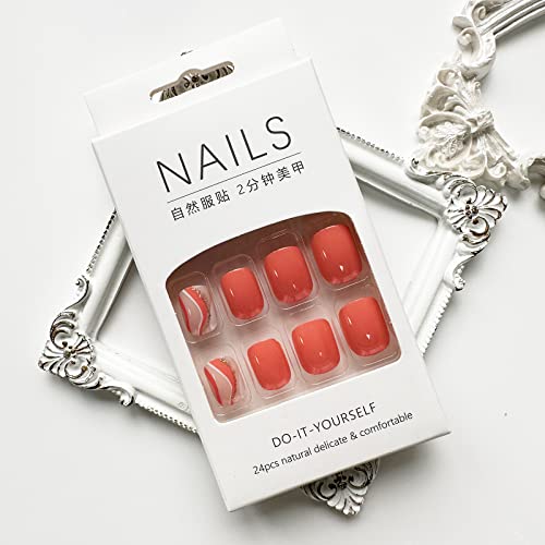 Press On Nail Short, Hot Pink White Waves False Nails With Gold Glitters Design Full Cover Round Head False Nails Bright Colors Acrylic Nails Suitable For Women Girls Spring Summer Party Nails Art #TOP1