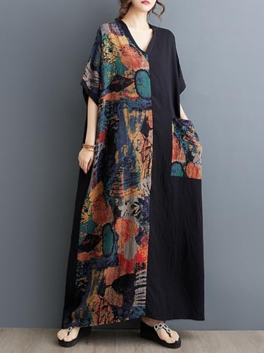 Women Plus Size Summer Dress Artistic Print Black Patchwork Casual Loose Long Dresses with Pockets Vacation4