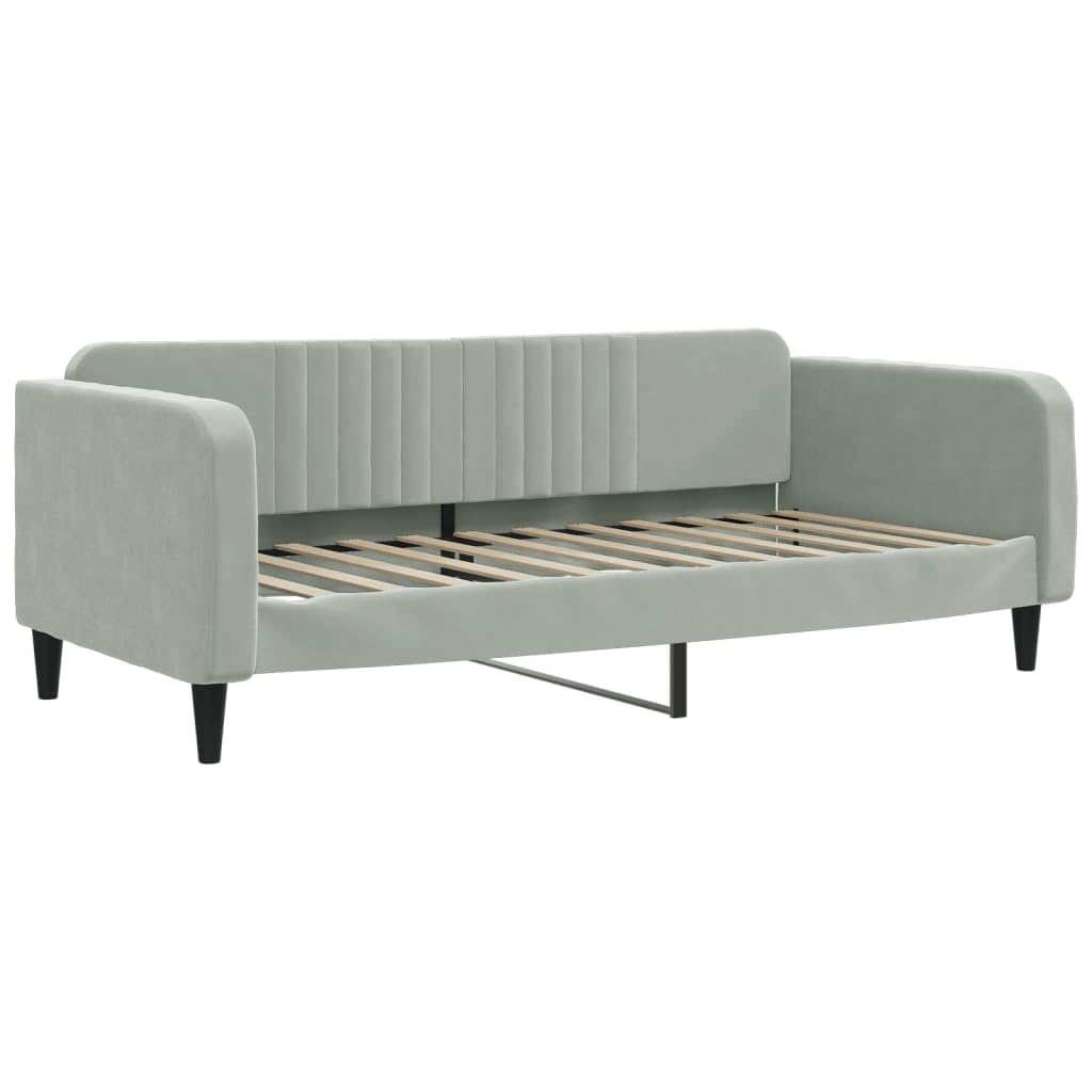 Łóżko dzienne wysuwane z materacem, jasnoszare, 90 x 200 cm, aksamitne obicie, metalowa i drewniana rama, sofa do spania do pokoju gościnnego, nowoczesne wzornictwo