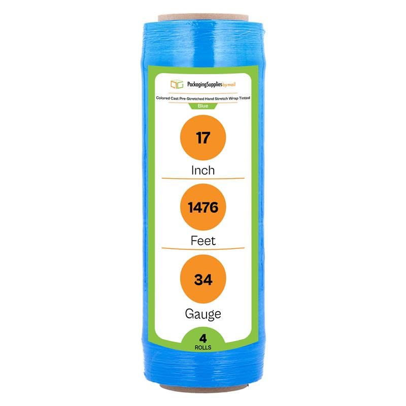 PSBM Blue Stretch Wrap, 4 Pack, 17 Inch x 1476 Feet, 34 Gauge, Dark/Opaque Hand Stretch Film Rolls for Packaging Moving Packing Pallets