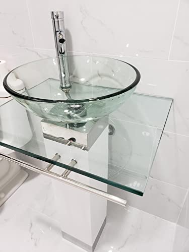 Modern Glass Sink Pedestal Stylish Clear Countertop Bathroom Vanity Combo with Vessel Sink, Wood Pedestal, Faucet and Drain Include (White) Modern Glass Sink Pedestal Stylish Clear Countertop Bathroom Vanity Combo with Vessel Sink, Wood Pedestal, Faucet and Drain Include (White)