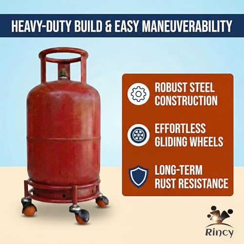 Image of Rincy Red Colour Heavy Iron LPG Gas Cylinder Trolley - Red Heavy-Duty Cylinder Stand with 4 Wheels Red Turtle Gas Cylinder Trolley LPG Cylinder Trolley for Everyday Use Gas Cylinder Holder