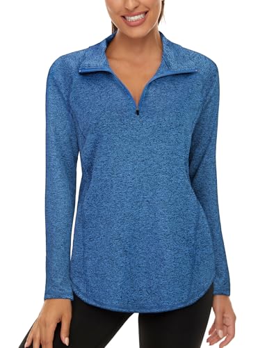 LURANEE Womens Long Sleeve 1/4 Zip Pullover Athletic Hiking Running Workout Tops Dark Blue
