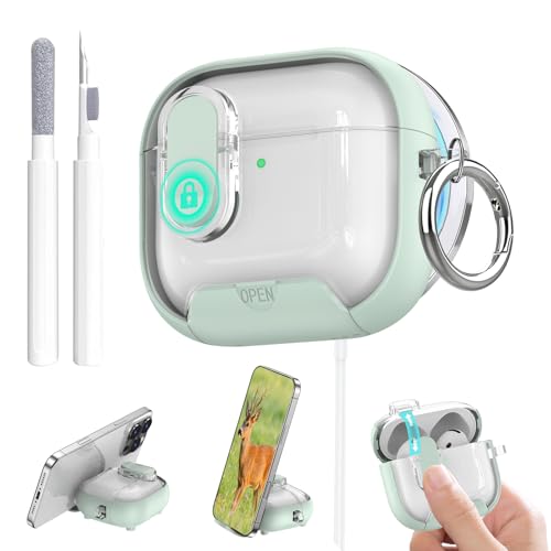 Image of Aircawin for Airpods 4 Case Clear,Secure Lock for Airpods 4th Generation Case Cover with Phone Stand and Magsafe Function,Auto Pop-up,Hybrid Protection Design with Carabiner&Cleaning Pen-Green