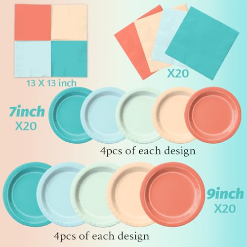 Image of CMUSKO Beach Theme Party Decorations - 60pcs Aqua Blue Coral Pastel Plates and Napkins Luau Hawaiian Tropical Teal Blue Tableware for Birthday,Baby Shower