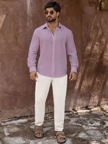 Image of Men's Casual Button Down Shirts Long Sleeve Linen Touch Textured Shirt Wrinkle Free Fashion Casual Vacation Beach Summer Shirt (1001)