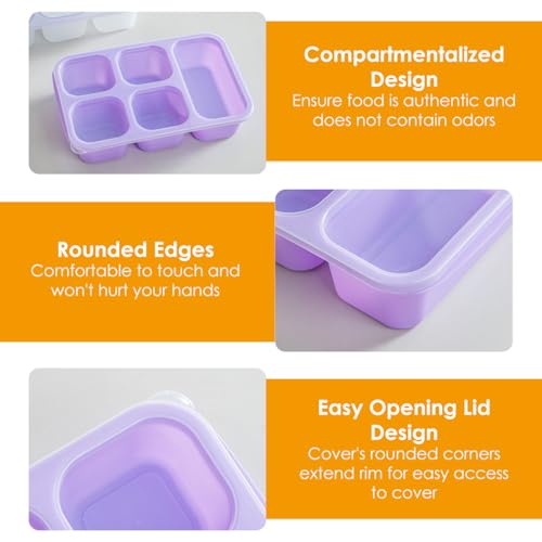 4 Pack Lunch Bento box, Five Compartment Individually Sealed Snack Box, Plastic Compartment Lunch Box with Transparent Lid, Reusable Prevent Cross Flavoring and Microwaveable(Pink/Blue/Purple/Green) - Image 4