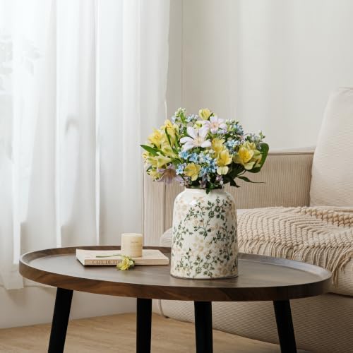 Image of Ceramic Flower Vase | Green Rustic Farmhouse Vase for Home Decor, Vintage Floral Pottery Tuscan Decorative Vase for Living Room & Kitchen, Mantel & Bookshelf, Centerpieces, Entryway, Wedding(7.8 Inch)