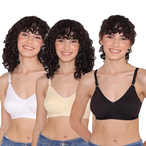Image of INKURV Full Coverage Bra Set for Women | Non-Wired, Non-Padded Everyday Bra for Girls | Made with Soft Cotton Blend Fabric, Comfortable Regular Wear Bra - Rio Combo of 3