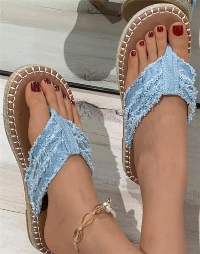 ALEBEE Denim Sandals For Women Straw Flat Heel Bohemian Flip-Flops Sandals4