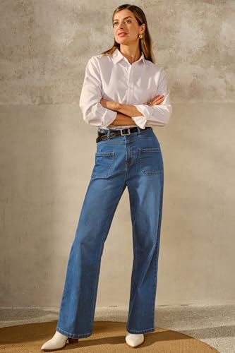 Arach&Cloz Women's Denim Adjustable Waist Buttons High Waisted Wide Leg Jeans 20254