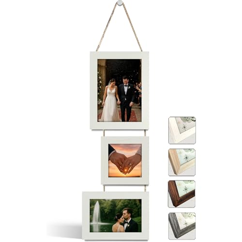 NEOWS Set Cornici Foto Multiple da Parete con Corda e cornici di diverse dimensioni (Bianco Strappato, 3 Fotos: 13x18,10x10,10x15 cm)