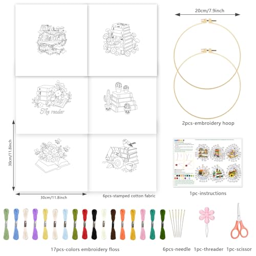 Image of INFUNLY 6 PCS Book and Flower Embroidery Kits for Beginners DIY Cross Stitch Starter Sets for Adults with Instructions Book Cacti Pattern Birds Needlepoint Kits with Embroidery Cloth Hoops Tools
