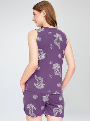 Image of ZEYO Night Suit for Women's Floral & Cheetah Printed Cotton Night Dress of Top and Short's Set 5737