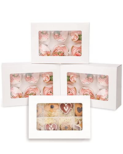 Qiqee White 6 Cupcake Boxes With Window 30 Packs Cupcake Box 9"X6.1"X3.3" Bakery Boxes For Cupcakes Carrier, Cupcake Containers #TOP12
