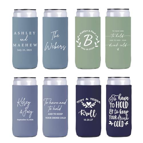 50PCS Customized Slim 12oz Wedding Can Coolers, Personalized Wedding Favors, Bachelorette Party Favors,Monogram Can Holders (Custom, 50 Slim Can Cooler)
