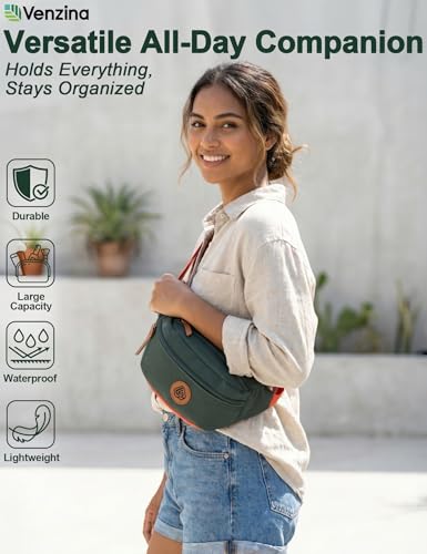Image of Venzina Unisex Crossbody Bag, Water-Resistant Nylon Sports Waist Pack & Fanny Pack with Adjustable Strap, Large Capacity Hands-Free Bag for Running, Hiking, Travel, Gym & Everyday Carry- Green
