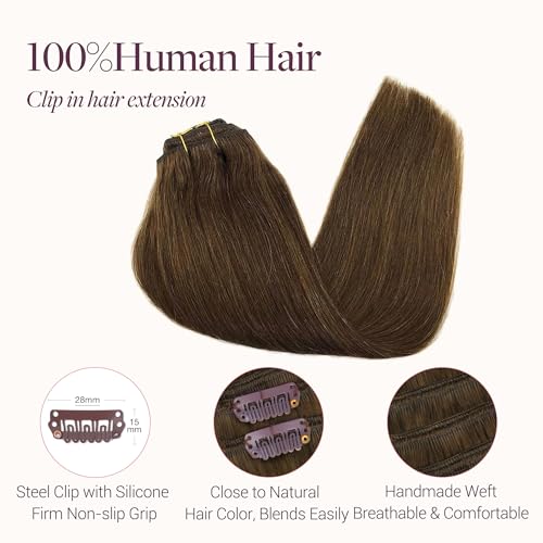 Image of GOO GOO Clip in Hair Extensions Real Human Hair, Remy Human Hair Extensions Clip ins for Women, Natural Human Hair, 14inch 120g 7Pcs, 4A Chocolate Brown
