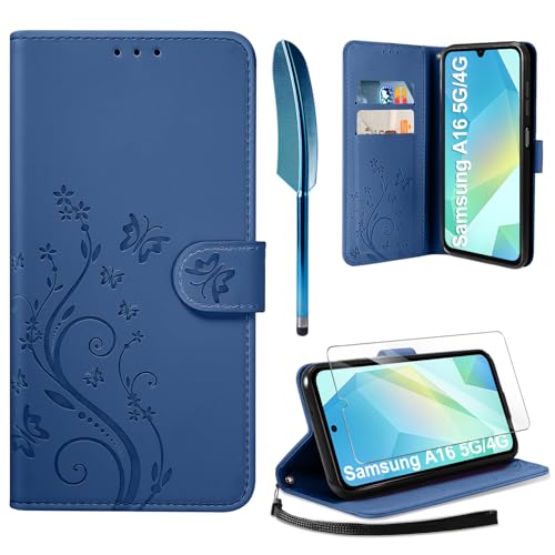 AROYI Funda Compatible con Samsung Galaxy A16 5G / 4G y Protector de Pantalla, Relieve Dibujo Carcasa de Tipo Libro Soporte Plegable Ranuras para Tarjetas Magnético Carcasa Case,Azul Oscuro