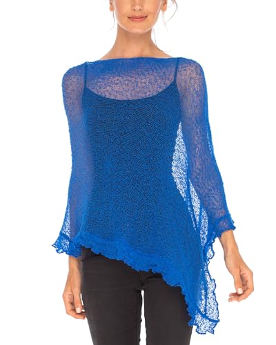 Image of SHU-SHI Women's Sheer Knit Poncho Shrug Lightweight Asymmetrical Ruffle Wrap Dressy Summer Shawl Cover Up Top