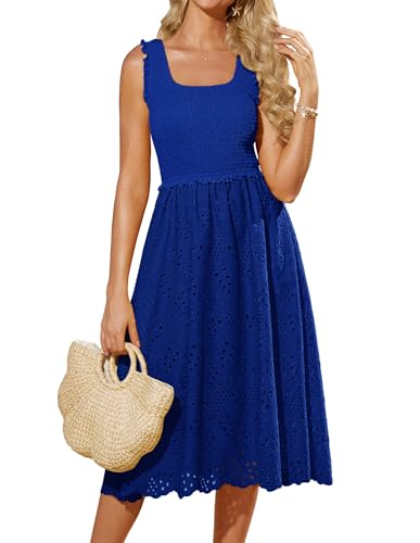 GRACE KARIN Women's Elegant Wedding Bridesmaid Dress Slim Fit Smocked Ruffle Midi Dress Embroidered Lace Flared Sundress Royal Blue XL