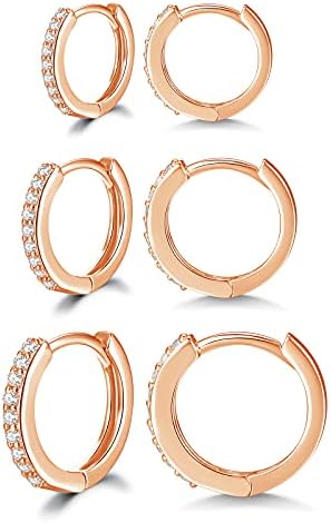 Shuxin Silver Hoops Earrings for Women, 925 Sterling Silver Hoop Earrings Set with AAA Cubic Zirconia, Unisex Small Sleeper Huggie Hinged Hoop Earrings for Men Ladies Girls, Diameter 10, 12, 14mm