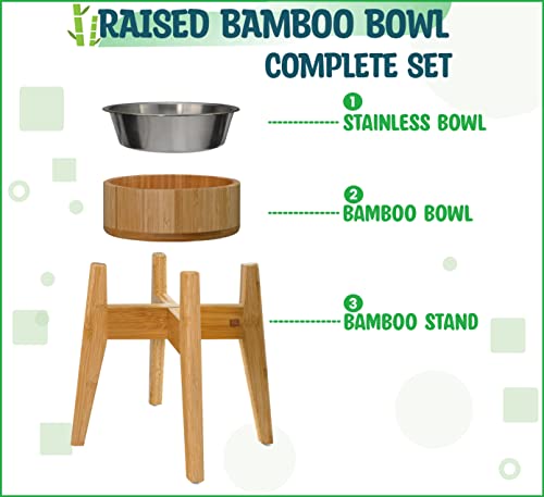 Raised Bamboo Dog Bowl For Large Dogs - Set Of Dish, Stainless Liner And Stand - Elevated Single Pet Food Feeder Station - Non- Tip-Over #TOP2