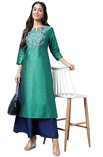 Image of Janasya Women's Peacock Green Poly Silk Yoke Embroidered Straight Kurta