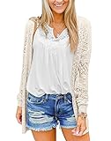 BESFLY Cardigan Sweater for Women Long Sleeve Crochet Cardigan Solid Color Cream Beige L