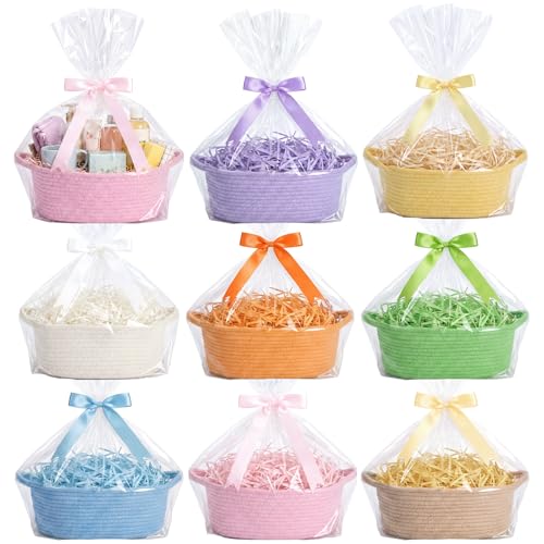 Hoolerry 8 Set Small Woven Gift Basket Empty with Bag Bow Raffia Pastel Cotton Rope Storage Box with Handle for Toy Storage Nursery Shelf Organizing Baby Shower Birthday Gift Basket, 12"x 8" x 5"