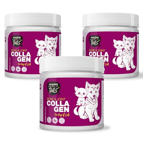 Image of Wagging Tails Bone & Joint Collagen for Dogs & Cats | Hip & Joint Supplement for Mobility | Hydrolyzed Collagen, Glucosamine & MSM | All Breeds | Unflavoured Powder 200g | Pack of 3