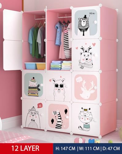 Image of Sunderlook Plastic Wardrobe for Kids Clothes - Collapsible Wardrobe, Easy to Use Anti-Skid & Non-Slip Effective Professional Foldable Plastic Cupboard for Kids, Home (Pink-KTJ2, 12 Door)