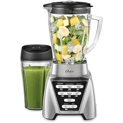 Oster Pro 1200 Smoothie Blender with Glass Jar & 24oz To-Go Cup, Countertop Kitchen Blender with 7 Speeds, 1200W Power, Brushed Nickel