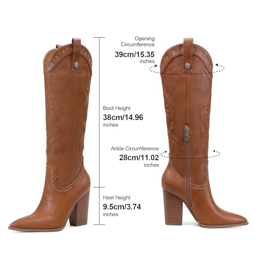 Image of VOMIRA Knee High Cowboy Boots for Women Pointed Toe Chunky High Heels Pull-on Embroidered Boots Western Boots Wide Calf Cowgirl Boots