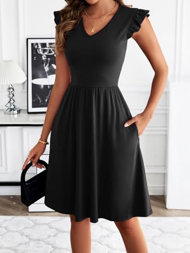 Image of HELYO Women's Summer Dresses Cute V Neck Ruffle Sleeve Cocktail Short Work Casual Dress with Pockets 648