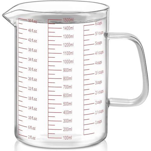 Luvan 6 Cups Glass Measuring Cup Easy to Read with 3 measurement scales (Ml/Oz/Cup) Insulated Handle and V-shaped Spout High Borosilicate Glass Measuring Cup Ideal for Kitchen or Restaurant