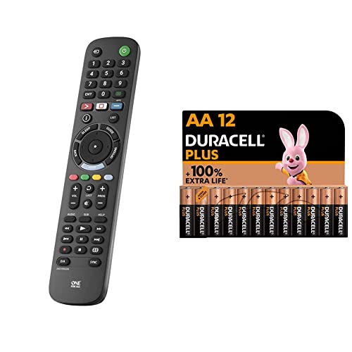 Image of One For All Sony TV Replacement remote – Works with ALL Sony TVs – Learning feature -URC4912 & Duracell Plus AA Alkaline Batteries [Pack of 12], 1,5V LR6 MN1500