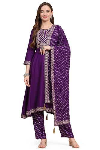 Image of TRENDMALLS Women's Rayon Foil Print Salwar Suit Set Anarkali Kurta Pant with Dupatta Pink Kurta Set for Women