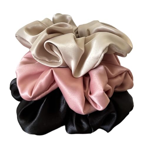 Handmade Silk Scrunchies for Hair, Silk Ponytail Holders, Scrunchies for Women, Satin Scrunchies for Girls, set of 3 (Black,Rose,Beige)