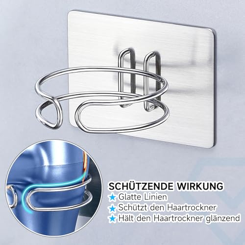 LOXSUN Föhn Halterung, Fönhalter Ohne Bohren, Edelstahl Föhnhalter Wand, Halterung für Fön Aufbewahrung Haartrocknerhalter, Fönhalterung Selbstklebend Föhnhalterungen für Bad (Silber) 3